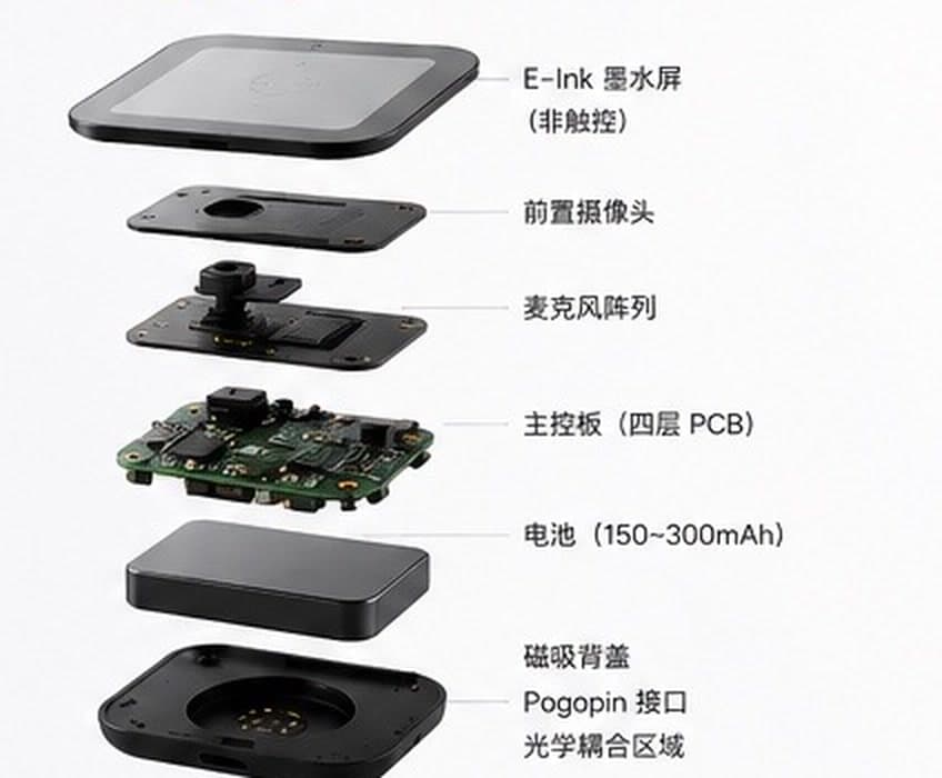 AI Core exploded view: e-paper display, camera, microphone array, mainboard, battery, magnetic back cover